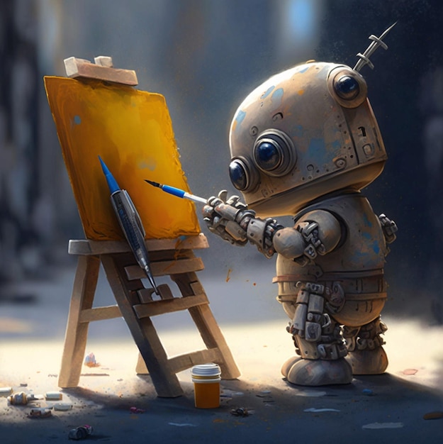 Photo un artiste robot mignon peignant sur un chevalet