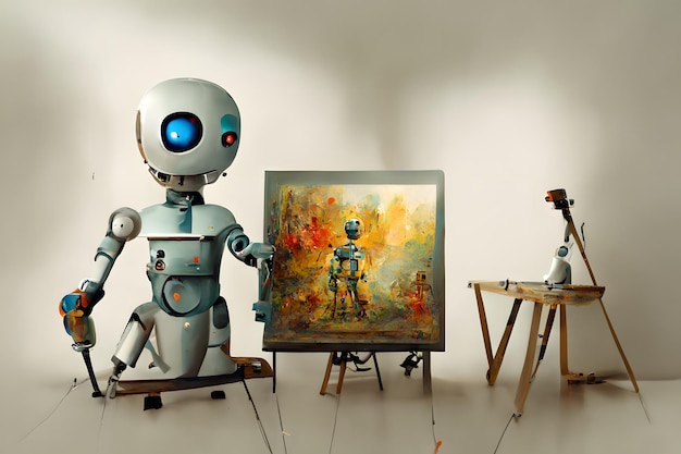 Artiste robot mignon et sympathique dans le studio à côté de sa peinture de chevalet et peint tout en travaillant