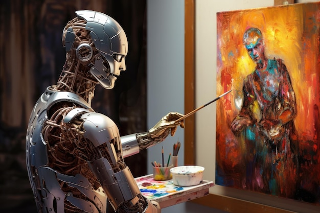 Artiste robot peignant un portrait humain sur une toile dans un espace de studio créatif Concept d'art généré par ordinateur Illustration IA générative réaliste