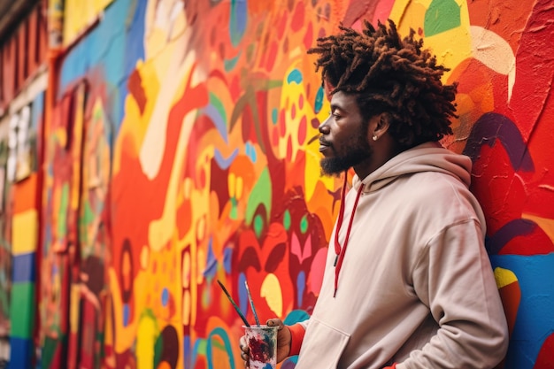 Un artiste de rue afro-américain peint des graffitis colorés sur un mur Le concept d'art urbain moderne