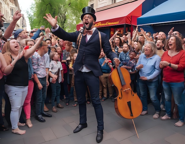 Un artiste de rue divertissant une foule avec un spectacle de marionnettes