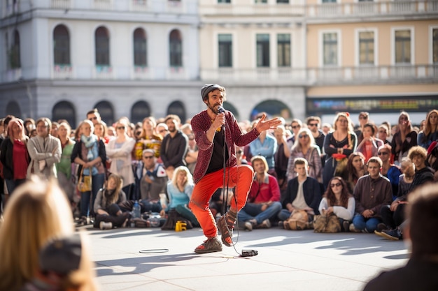 Photo artiste de rue divertissant le public dans urban squarexa