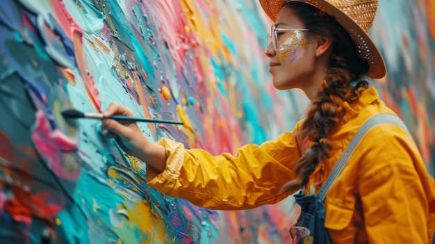 Un artiste de rue peint passionnément sur un mur de la ville