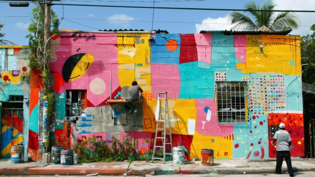 Photo un artiste de rue peint soigneusement une peinture murale vibrante sur un bâtiment délabré en le transformant d'un symbole