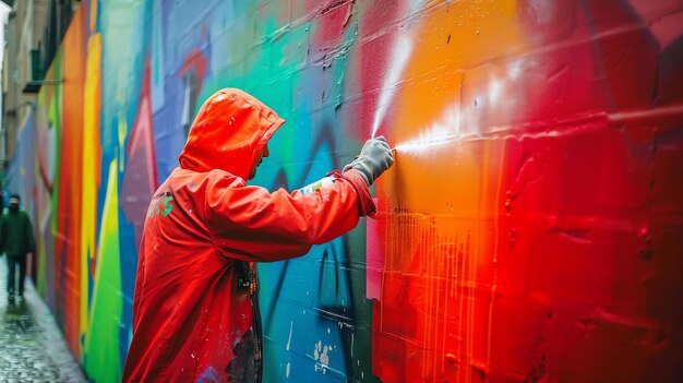 Un artiste de rue portant une veste rouge et un hoodie noir peint une peinture murale colorée sur un mur en brique