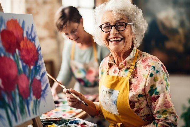 Photo artiste senior appréciant une activité de peinture en studio avec ses amis créé avec generative ai technology