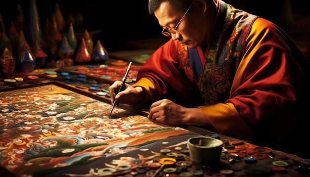 Photo artiste tibétain de thangka