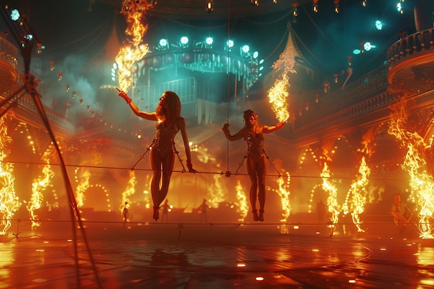 Photo des artistes de cirque avec un tightrope walker et du feu