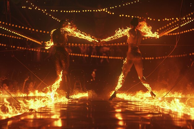 Photo des artistes de cirque avec un tightrope walker et du feu