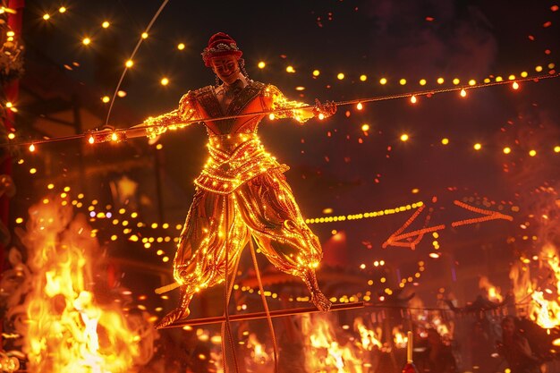 Photo des artistes de cirque avec un tightrope walker et du feu