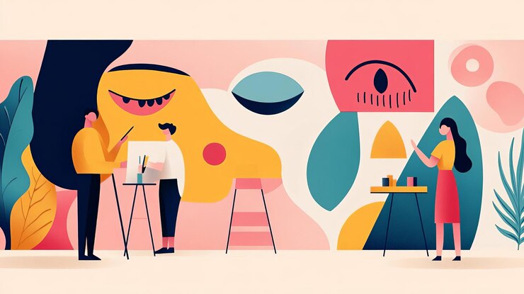 Photo des artistes collaborant sur de grandes pièces abstraites illustration de conception plate
