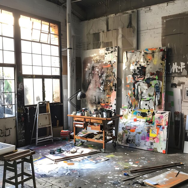 Artistes contemporains loft chaos créatif travail en cours vue urbaine