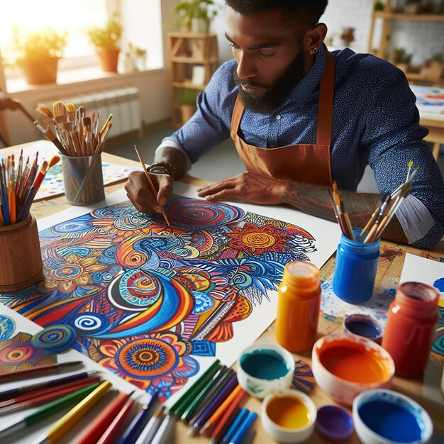 Des artistes créatifs au travail peignant des motifs colorés