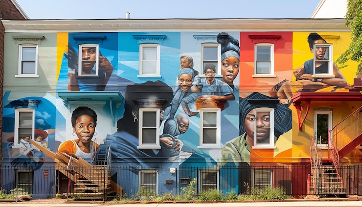 Photo les artistes du projet mural communautaire et les habitants collaborent pour créer un hommage vibrant à l'histoire des noirs