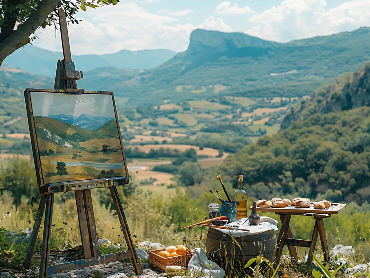 Photo artistes peignant des paysages dans une campagne italienne piquenique voisin activités de vacances arrière-plan
