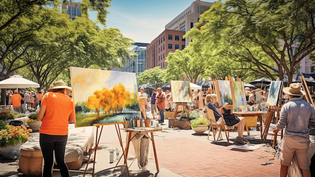 Photo des artistes peignant en plein air sur une place animée de la ville