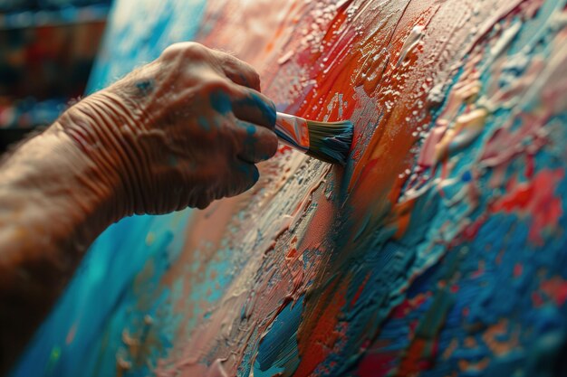 Les artistes peignent à la main des couleurs vives sur la toile