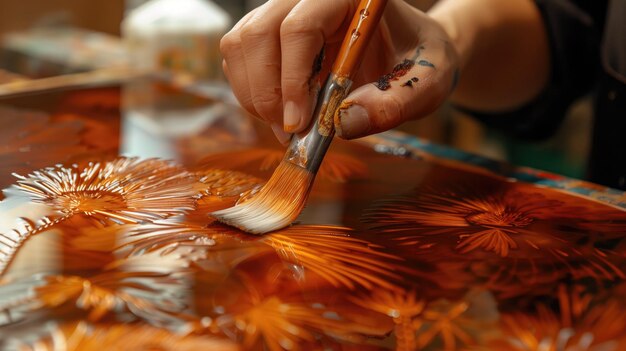 Des artistes peignent à la main des fleurs d'orange sur une grande toile