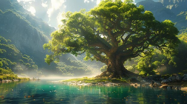 Artwork CG d'un arbre ancien dans une forêt près de la rivière Arrière-plan réaliste de style dessin animé pour les jeux vidéo