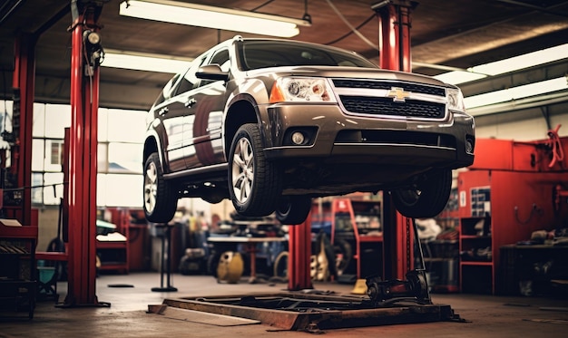 Sur l'ascenseur Une voiture suspendue dans un garage pour l'entretien et les réparations