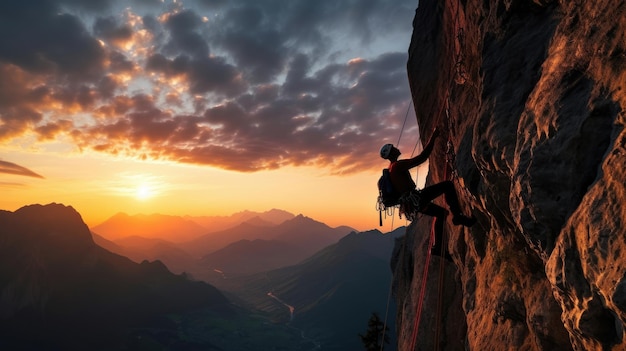L'ascension en solo du grimpeur au coucher du soleil dans une zone tranquille mouvements gracieux et fluides