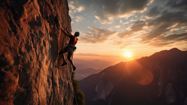 L'ascension tranquille d'un grimpeur en solo au coucher du soleil