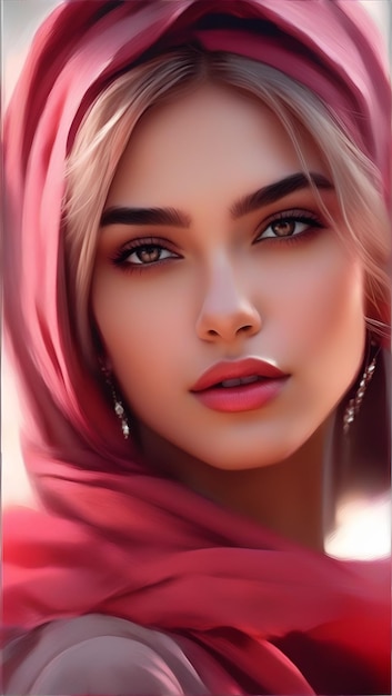 Asian Attractive Young Girl Smiley Face With Red Hijab Headscarf AI Generative Illustration Digital Art