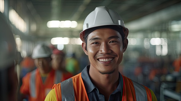 Asian Male Engineer in Safety Vest et Hardhat Professional Asian Man Working in the Modern Manufacturing Factory Generative Ai