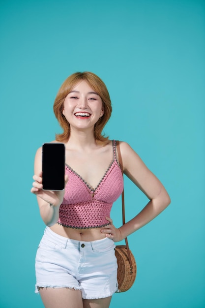 Asian Woman Show Mobile Phone Screen with Blank Copy Space