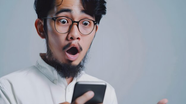 Un Asiatique à la barbe et aux lunettes en chemise blanche qui regarde son téléphone portable avec étonnement.