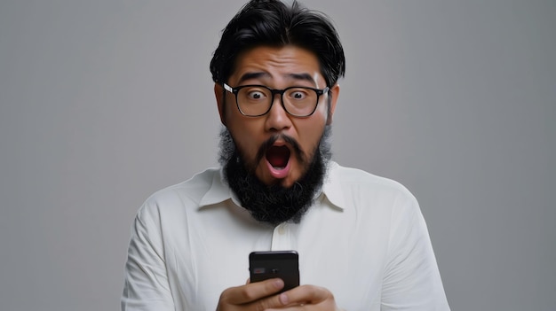 Un Asiatique barbu en chemise blanche et lunettes réagit en état de choc au contenu de son téléphone portable