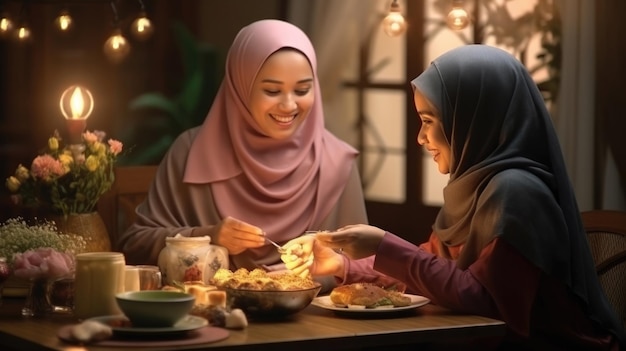 Asiatique musulmane belle femme famille faisant iftar dua pour rompre le jeûne pendant le Ramadan