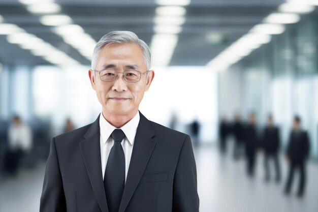 Asiatique professionnel d'affaires homme âgé debout et sourire dans le fond du bureau flou