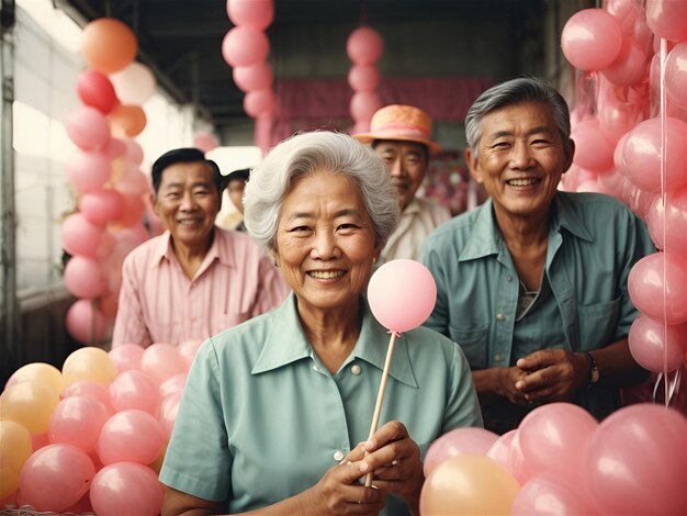 Asie vieux hommes et femmes gros plan joyeux heureux barbe à papa chocolat bonbons bâton bulle b