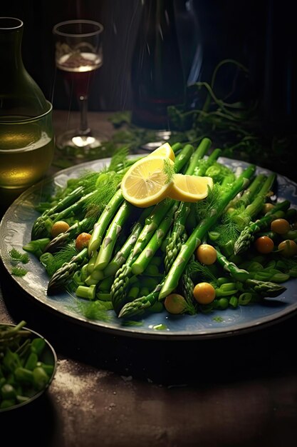 Asparagus à la vapeur biologique fait maison avec du citron et de l'huile d'olive illustration réaliste art génératif AI