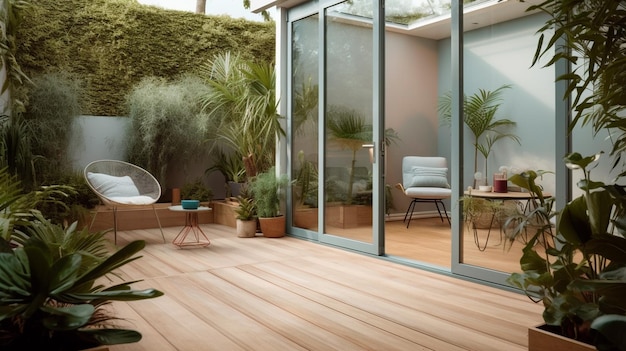 L'aspect général d'un jardin patio avec terrasse en bois en pots générative ai