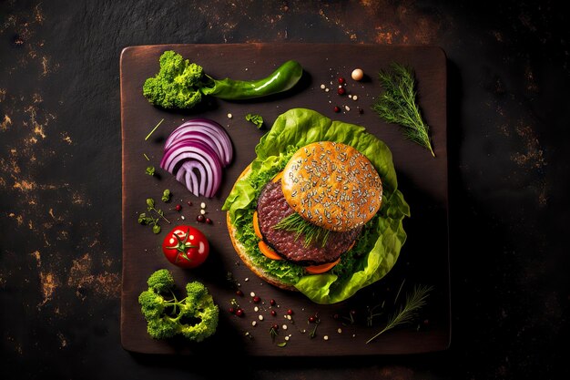 Aspect plat des hamburgers de boeuf avec des verts et des légumes sur un tableau noir