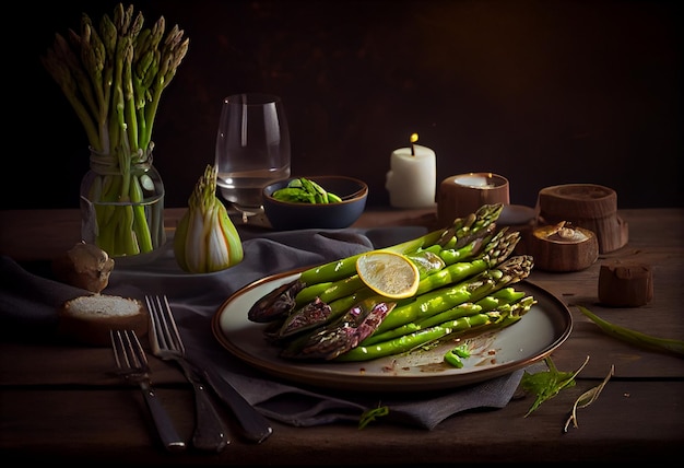 Asperges fraîches sur une table en bois agrandi AI généré