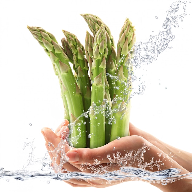 Asperges fraîches tombant dans l&#39;eau