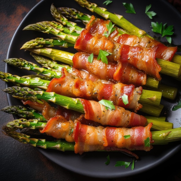 Asperges savoureuses rôties avec du bacon sur une assiette Vue d'en haut IA générative