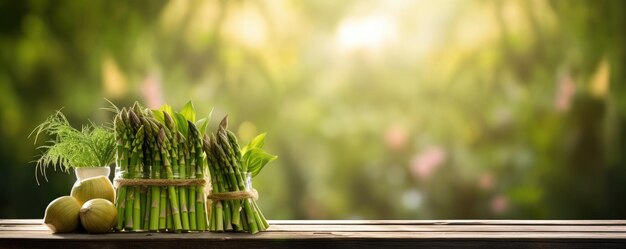 Asperges sur la table en bois dans le jardin vert légumes frais génératifs ai