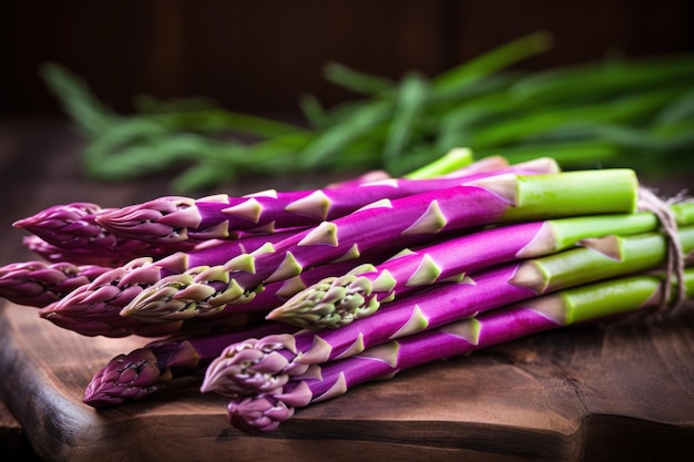 Des asperges violettes fraîches sur un fond en bois