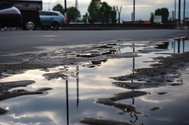 Asphalte humide après orage avec flaques d'eau et reflets du ciel