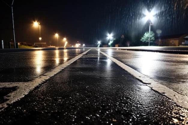 Asphalte mouillé la nuit avec lampadaires illuminés et étoiles dans le ciel