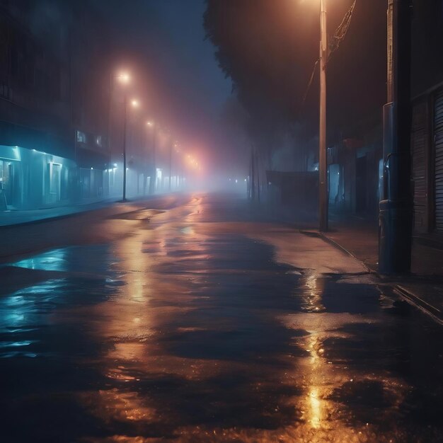 Asphalte de rue sombre et humide réflexions de rayons dans l'eau abstrait fond bleu foncé fumée smog em