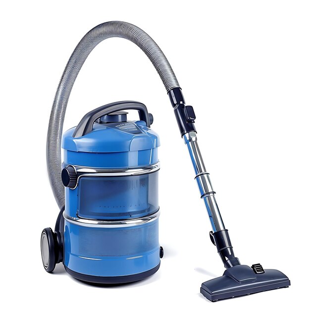 Un aspirateur de magasin avec un corps en plastique bleu, un outil utilisé pour nettoyer D isolé, propre, blanc Design d'articles BG