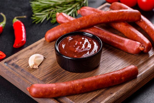 Assaisonnement épicé de la cuisine géorgienne adjika dans un bol avec du poivron rouge et de l'ail sur une table en béton close-up