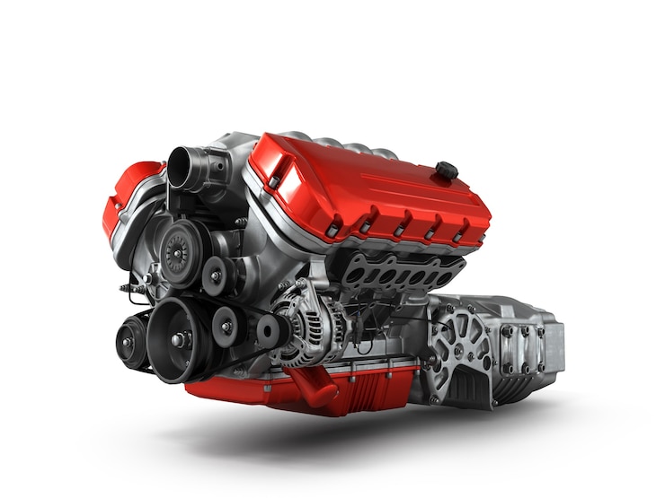 Photo l'assemblage de la boîte de vitesses du moteur automobile est isolé sur un fond blanc de rendu 3d