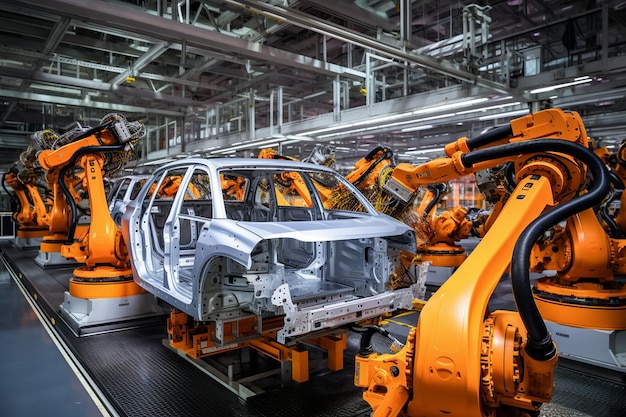 Photo un assemblage de voitures dans une usine avec des robots et des gens qui travaillent