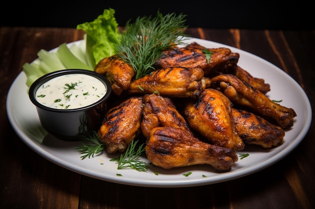 une assiette d'ailes avec des brindilles de romarin